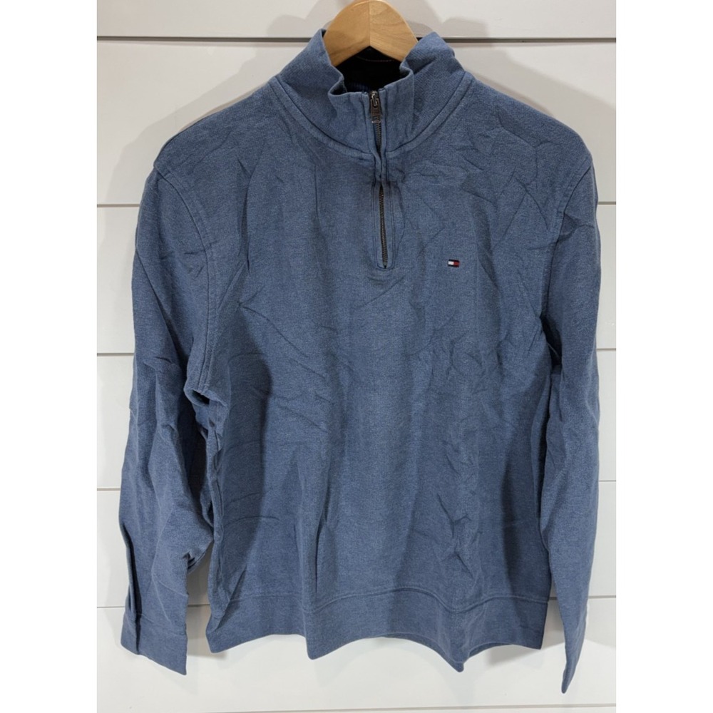 Tommy Hilfiger Quarter Zip Sweater Men's L Blue Preppy Flag Logo Knit Pullover